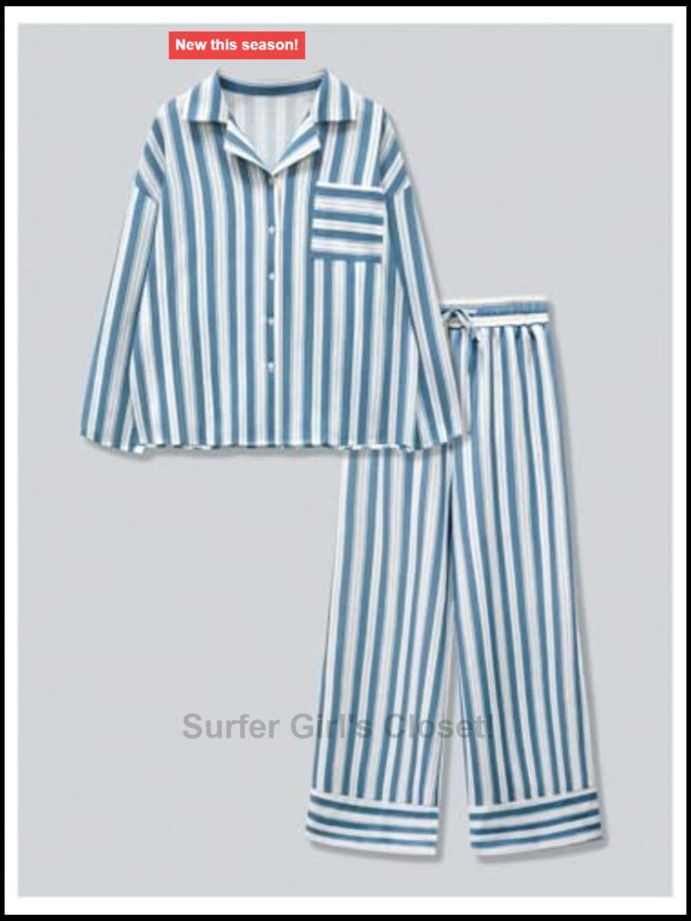 Striped Two Piece Pant Set Long Sleeve Button Down Blouse and Drawstring Waist - Picture 4 of 6